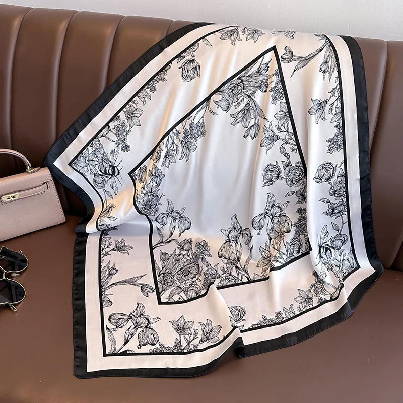 70*70cm Luxury Floral Print Si - Silk Neck Scarf 评论和价格